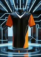 A black and orange jersey with a futuristic design photo