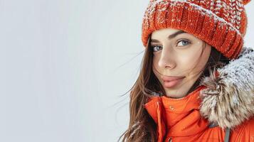 A woman model in a bright orange jacket and knit hat stands against a snowy backdrop photo