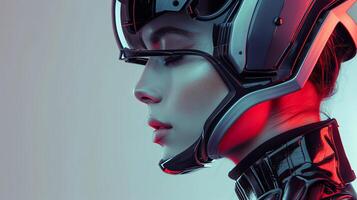 Woman wearing futuristic helmet, eyes closed photo
