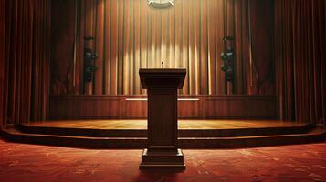 A wooden podium stands center stage, ready for an important address photo