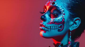 A woman with Day of the Dead makeup poses against a red background photo