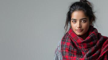 A beautiful Indian female model poses in a red plaid scarf against a grey background photo