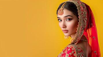 Indian bridal model in a red gown against a yellow background photo
