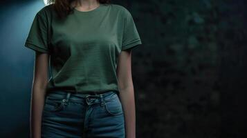 A woman in a green shirt with blank space for text photo