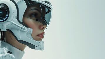Woman in a futuristic helmet with white background photo
