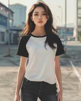 A woman wearing a white raglan shirt with black sleeves photo