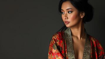 An Asian woman model wearing a red patterned robe with an empty background for text photo