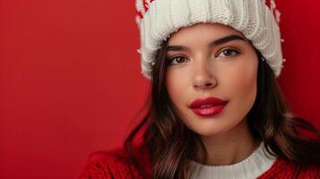 A woman in a festive red sweater and white knit hat poses against a bright red backdrop photo