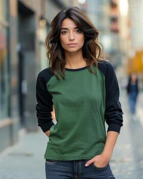 un mujer vistiendo un verde raglán camisa soportes en un urbano ajuste foto