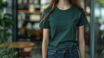 Woman model showcasing a blank green t-shirt with space for text photo