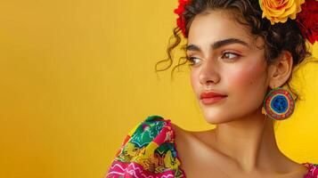 A beautiful Mexican woman model in a colorful summer outfit, posing against a bright yellow background photo