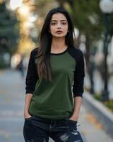 A woman wearing a green and black raglan shirt stands in an urban setting photo