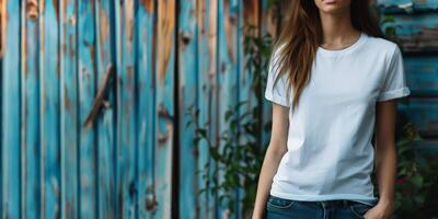 A woman in a plain white t-shirt stands in front of a weathered blue wall photo