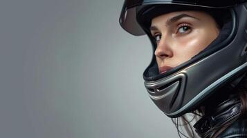Woman racer wearing helmet, ready for action photo