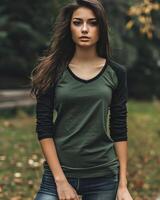A woman in a green raglan shirt stands in a forest, posing for the camera photo