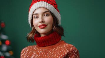 A beautiful woman in a festive winter outfit, ready for the holiday season photo