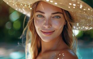 Woman Wearing Straw Hat Smiles by Pool on Sunny Day photo