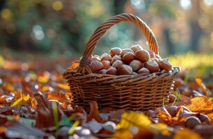 Wicker Basket Filled With Chestnuts in Autumn Forest photo