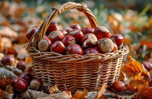 Wicker Basket Filled With Chestnuts in Autumn Forest photo