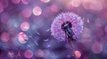 A Single Dandelion in a Field of Purple Flowers at Sunset photo
