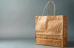Brown Paper Shopping Bag With Rope Handles on Grey Background photo