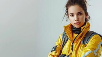 A woman in a bright yellow racing jacket with a determined expression photo