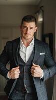 A groom getting ready in his wedding suit photo