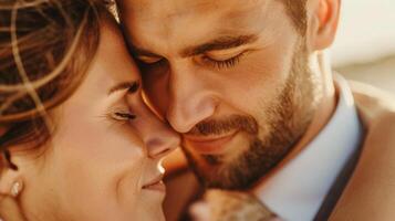 A bride and groom share a tender moment on their wedding day photo