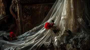 A white wedding veil draped over antique furniture photo
