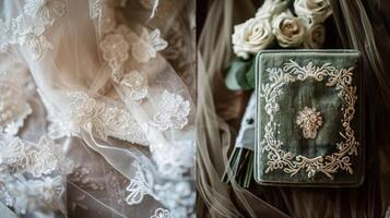 A wedding veil with intricate lace details rests next to a green velvet box with a pearl brooch photo