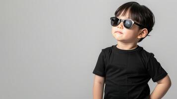 A young boy wearing sunglasses and a black t-shirt stands in front of a plain grey background photo