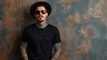 Handsome man with tattoos, wearing sunglasses and a fedora, standing against a textured background photo