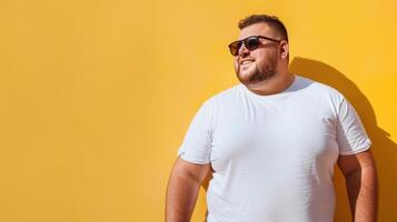 A man in a white t-shirt stands in front of a yellow wall photo