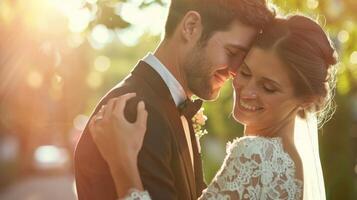 Bride and groom embracing on their wedding day photo