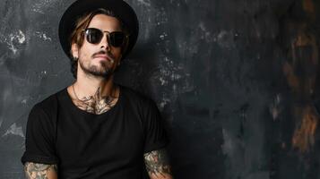 A close-up portrait of a tattooed man with a confident and rebellious look photo