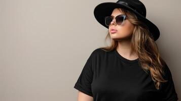 A woman in a black t-shirt and hat poses against a plain background photo