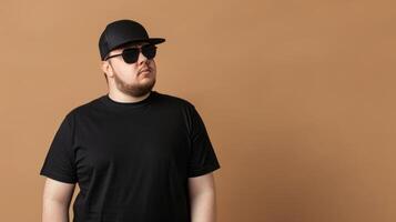 A man in a black t-shirt and sunglasses stands in front of a tan wall photo