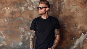 A man wearing a plain black shirt stands against a worn wall photo