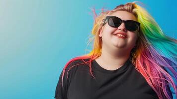 A woman with rainbow hair smiles brightly while wearing a black t-shirt photo
