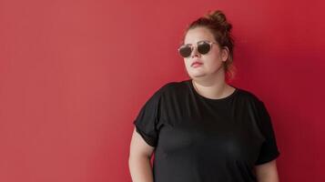 Woman wearing sunglasses and a black shirt against a red backdrop photo