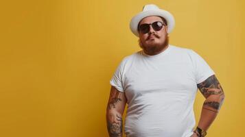 Man wearing a plain white t-shirt against a yellow background photo