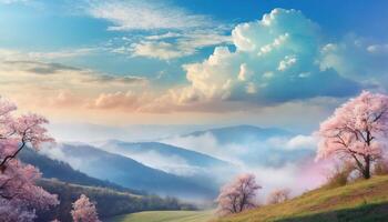 pastel-colored sky with soft, fluffy clouds, creating a calming and peaceful atmosphere. The blue sky blends harmoniously with the pastel hues, evoking a sense of tranquility photo