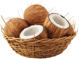 A healthy coconuts in a basket isolated on a transparent background png