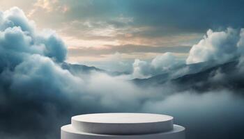 podium floats in a bright sky with white clouds, creating an abstract, dreamy display platform. Perfect for showcasing products with an airy, ethereal, and serene vibe photo