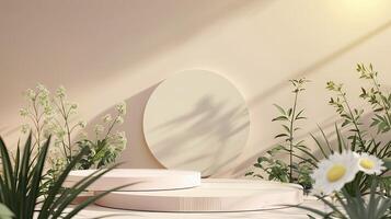 A white circular structure with a shadow on it is surrounded by plants photo