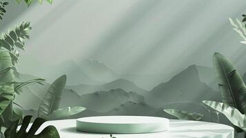 A green background with mountains and a large leafy plant photo