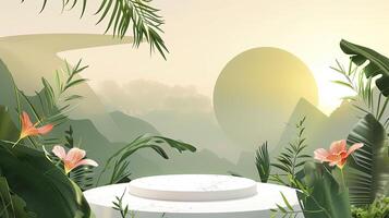 A tropical landscape with a large sun in the background photo