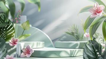 A green and white background with a pink flower in the foreground photo