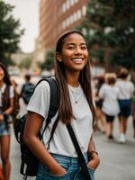 American student smiling happily on the first day of school, isolated on white background, Back to School concept. photo
