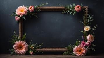 Floral Frame with Rustic Wood and Delicate Blossoms photo